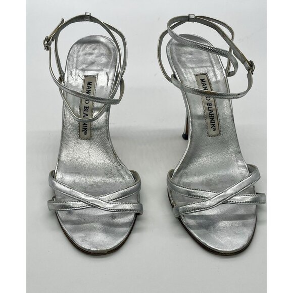 Manolo Blahnik Women’s Heels Sandals Sz 37 US 7 Silver Leather Slingback Wedding - Picture 2 of 5